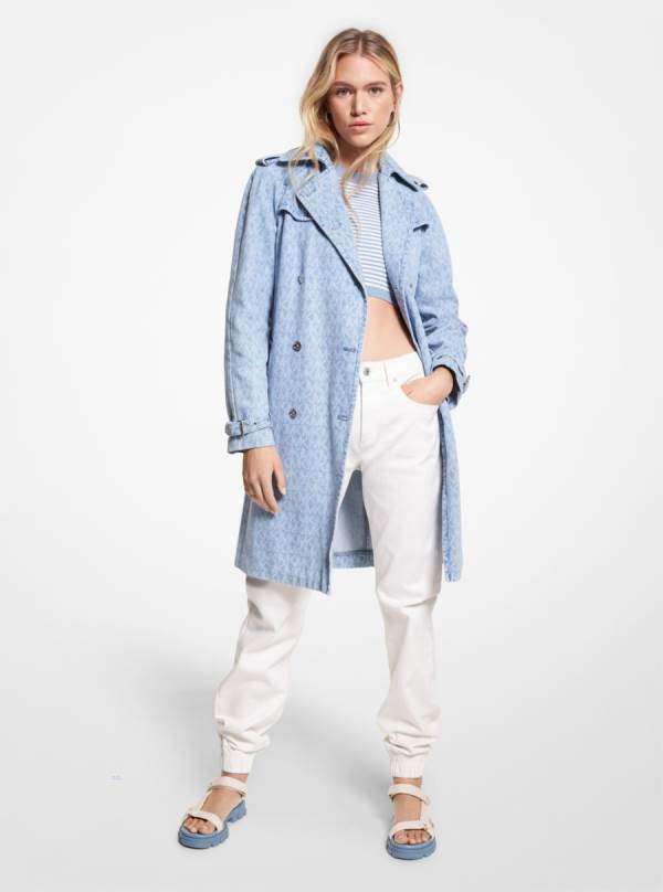 Damske Kabáty Michael Kors Logo Denim Jacquard Trench Modre Svetlomodrá - Oblecenie Michael Kors Levně | QUIBG-5862